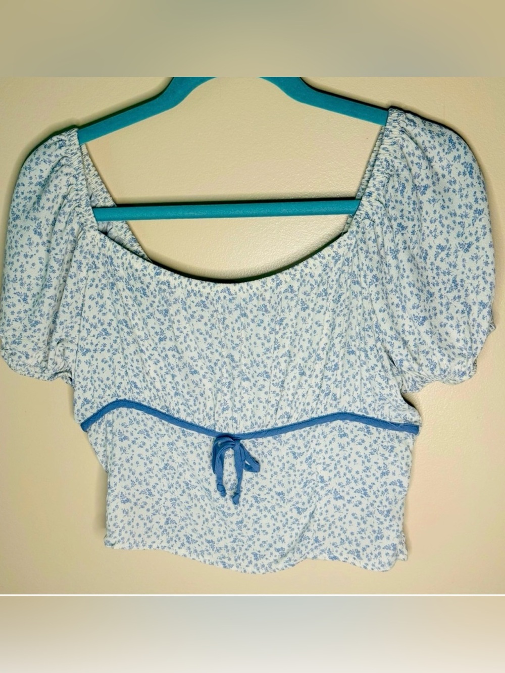 Sienna Sky Cream Crop Top with Blue Floral Print and Blue Tie - Picture 2 of 4